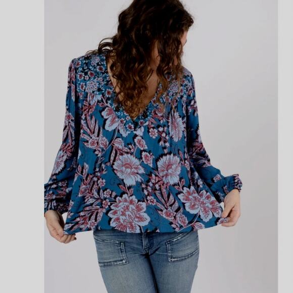 BAND OF THE FREE BOG JOSIE SAPPHIRE MIXED PRINT LONG SLEEVE TOP‎ V-NECK M - Picture 3 of 8